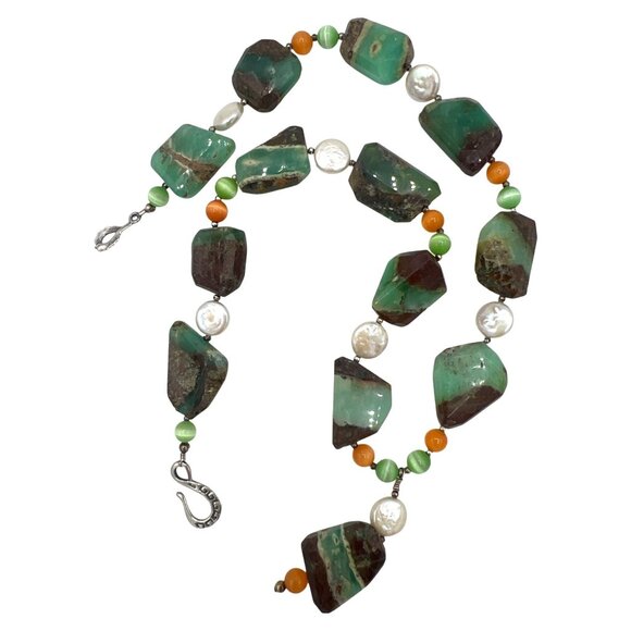 Artisan Chrysoprase Nugget 18" Necklace 925 Hook Pearls Agate Glass Beads Chunky - Picture 1 of 13